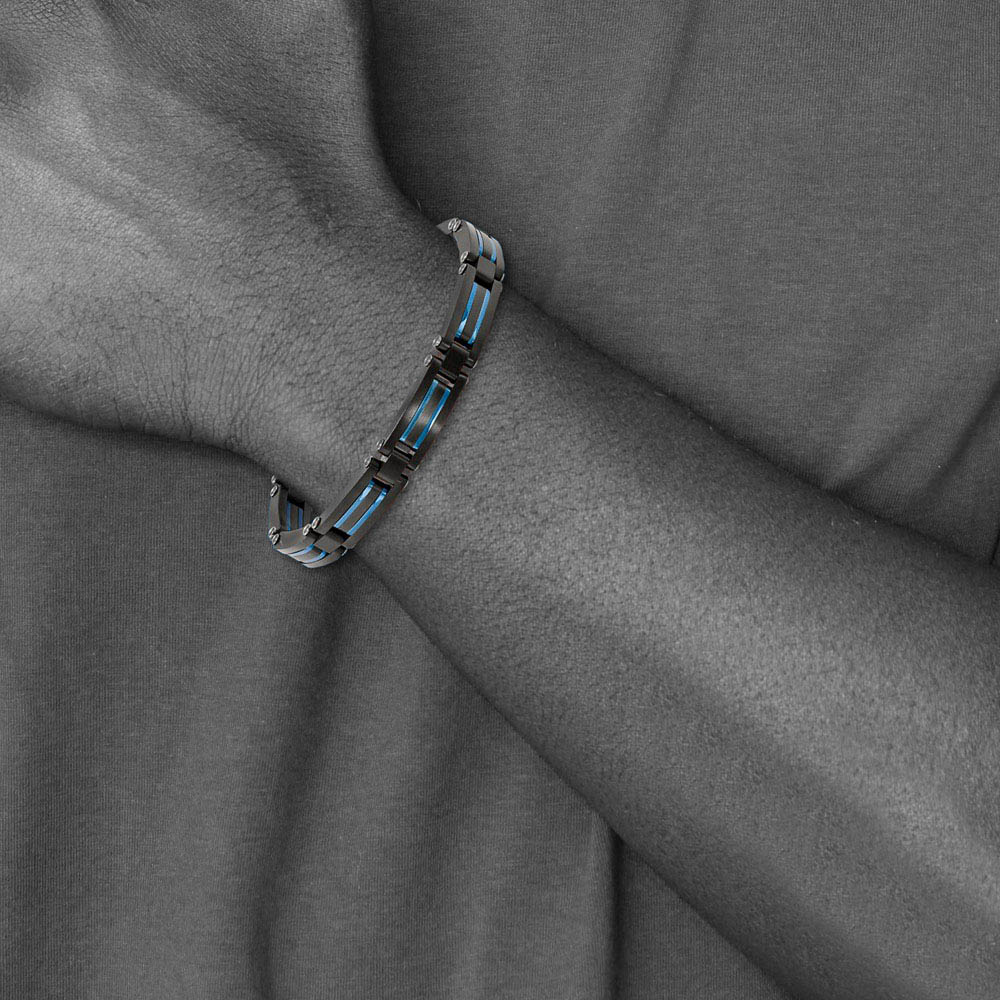 Alternate view of the Mens 8.25mm Black & Blue Plated Stainless Steel Link Bracelet, 8.5 In by The Black Bow Jewelry Co.