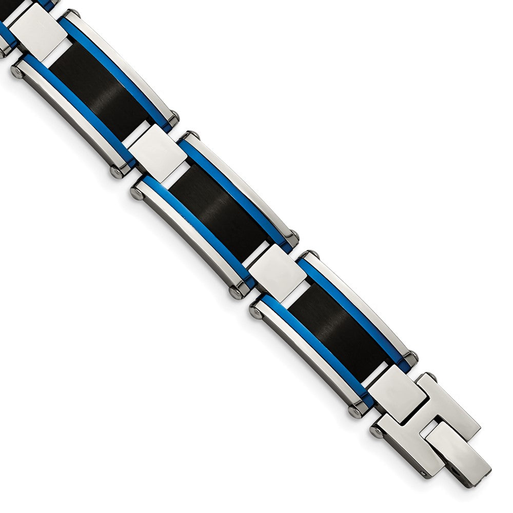12.5mm Stainless Steel, Black &amp; Blue Plated Link Bracelet, 8.75 Inch, Item B18695 by The Black Bow Jewelry Co.