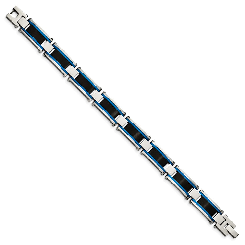 Alternate view of the 12.5mm Stainless Steel, Black &amp; Blue Plated Link Bracelet, 8.75 Inch by The Black Bow Jewelry Co.