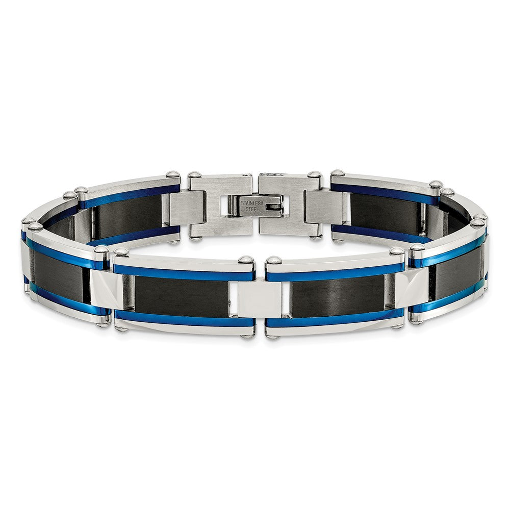 Alternate view of the 12.5mm Stainless Steel, Black &amp; Blue Plated Link Bracelet, 8.75 Inch by The Black Bow Jewelry Co.