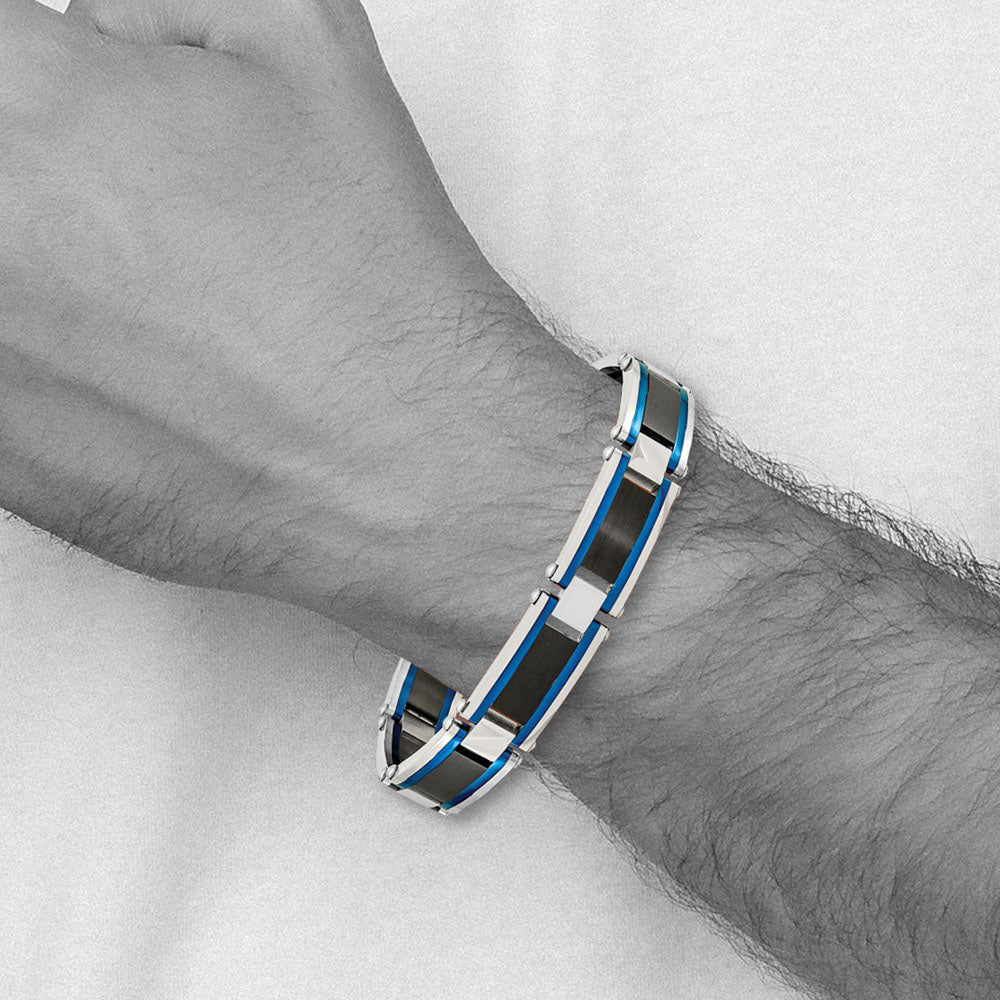 Alternate view of the 12.5mm Stainless Steel, Black &amp; Blue Plated Link Bracelet, 8.75 Inch by The Black Bow Jewelry Co.
