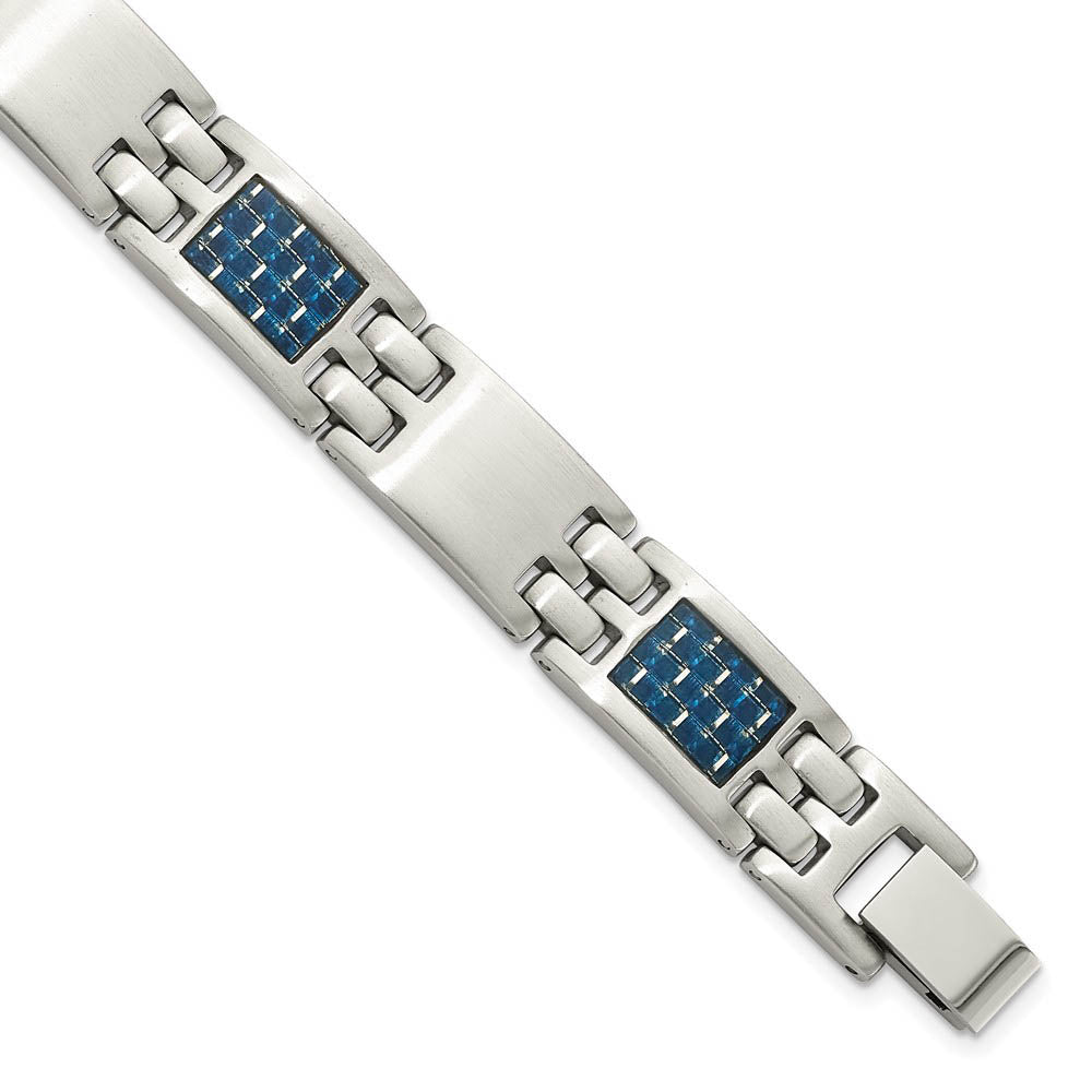 10mm Brushed Stainless Steel & Blue Carbon Fiber Link Bracelet, 8.5 In, Item B18697 by The Black Bow Jewelry Co.