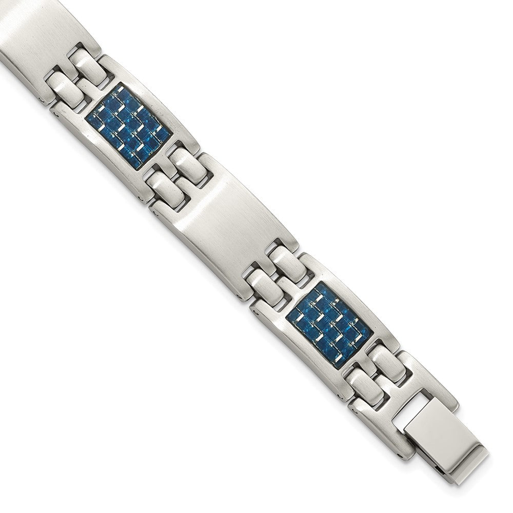 10mm Brushed Stainless Steel & Blue Carbon Fiber Link Bracelet, 8.5 In, Item B18697 by The Black Bow Jewelry Co.