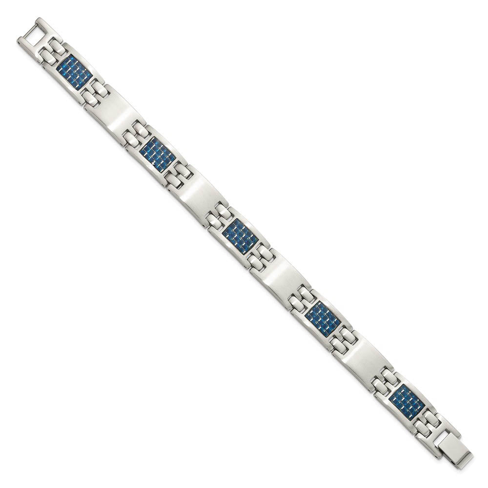 Alternate view of the 10mm Brushed Stainless Steel & Blue Carbon Fiber Link Bracelet, 8.5 In by The Black Bow Jewelry Co.