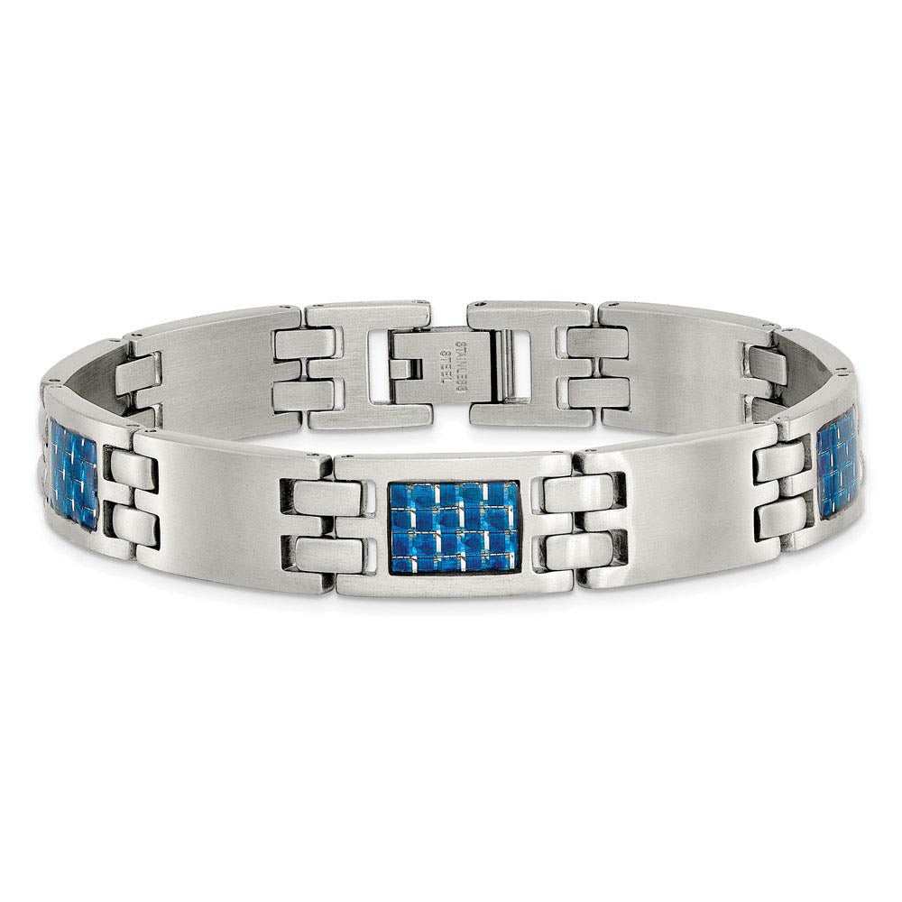 Alternate view of the 10mm Brushed Stainless Steel & Blue Carbon Fiber Link Bracelet, 8.5 In by The Black Bow Jewelry Co.