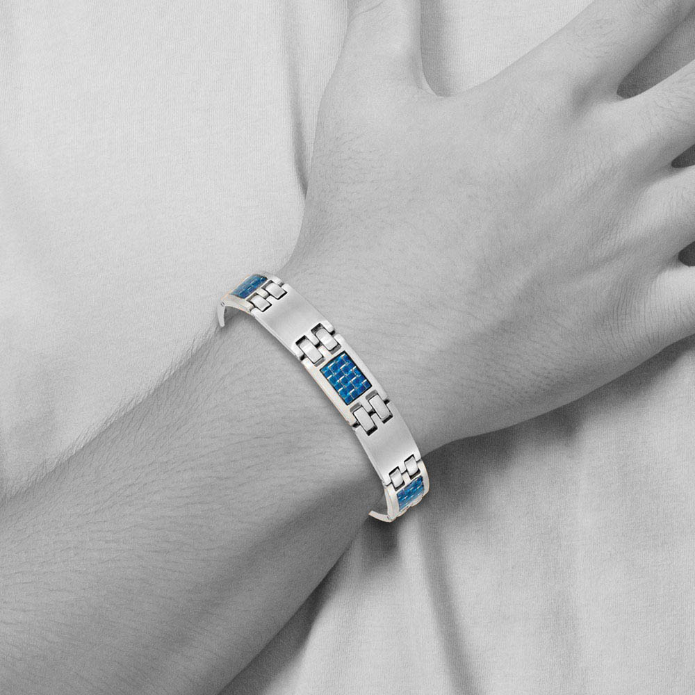 Alternate view of the 10mm Brushed Stainless Steel & Blue Carbon Fiber Link Bracelet, 8.5 In by The Black Bow Jewelry Co.