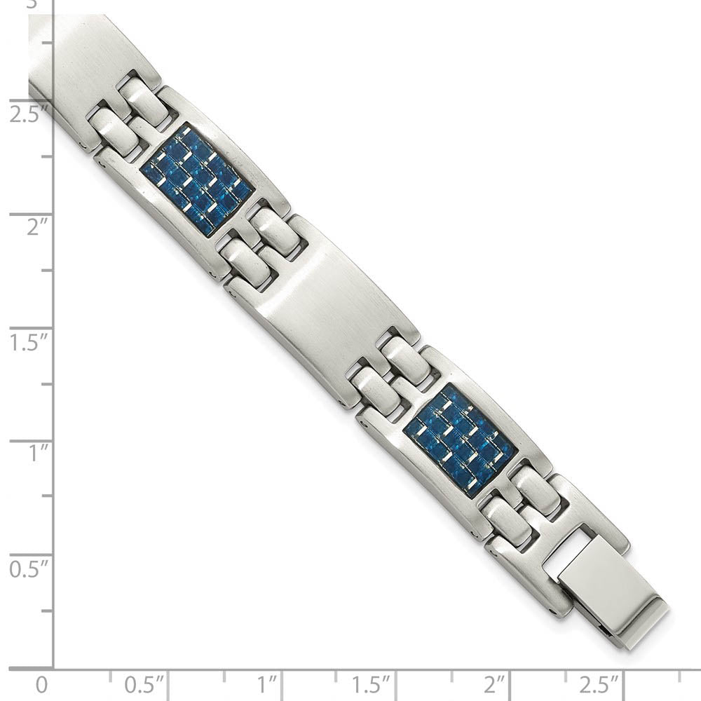 Alternate view of the 10mm Brushed Stainless Steel & Blue Carbon Fiber Link Bracelet, 8.5 In by The Black Bow Jewelry Co.