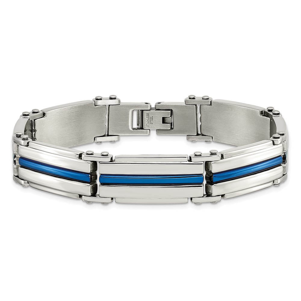 Alternate view of the 12mm Stainless Steel Polished & Blue Plated Link Bracelet, 8.5 Inch by The Black Bow Jewelry Co.