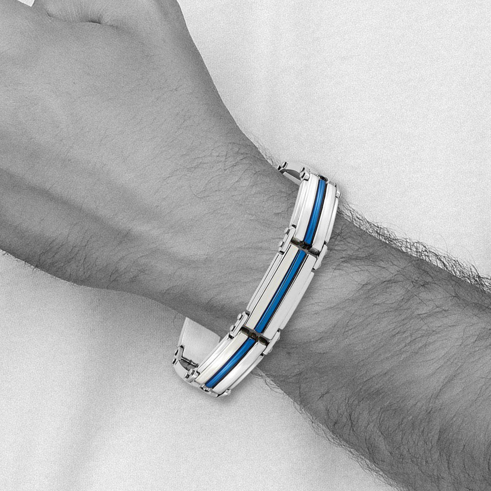 Alternate view of the 12mm Stainless Steel Polished & Blue Plated Link Bracelet, 8.5 Inch by The Black Bow Jewelry Co.