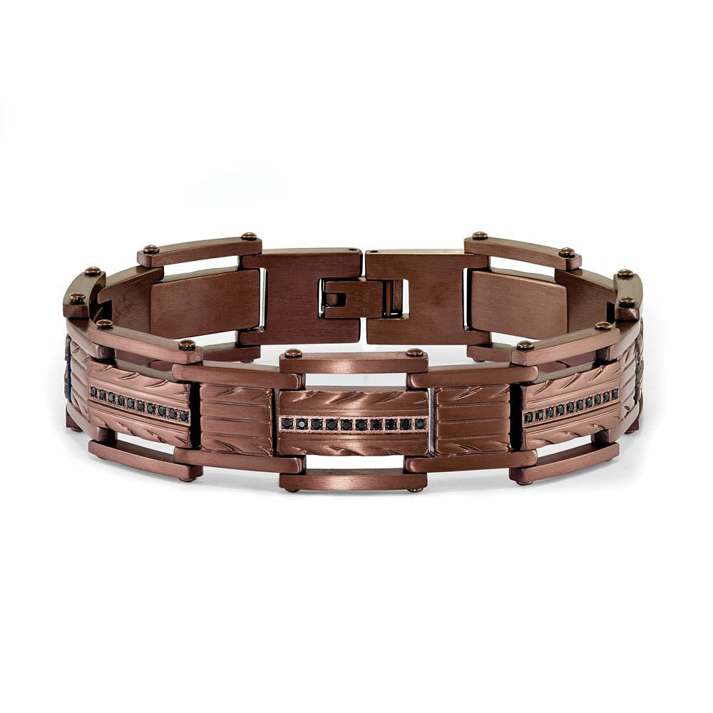 Alternate view of the 16mm Brown Plated Stainless Steel & Black CZ Link Bracelet, 8.25 Inch by The Black Bow Jewelry Co.
