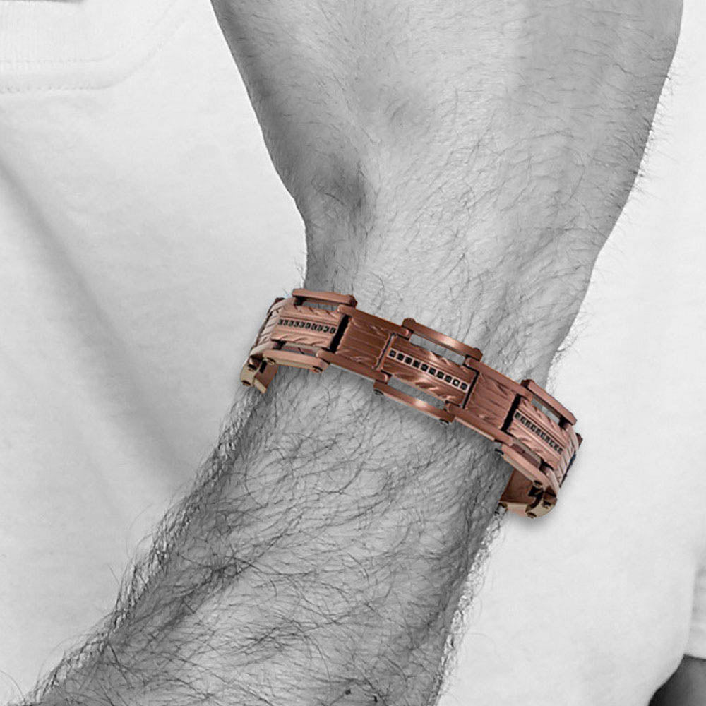 Alternate view of the 16mm Brown Plated Stainless Steel & Black CZ Link Bracelet, 8.25 Inch by The Black Bow Jewelry Co.