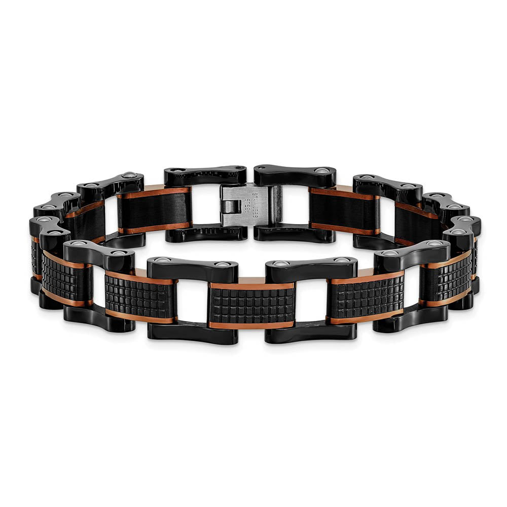 Alternate view of the 12mm Black & Brown Plated Stainless Steel Link Bracelet, 8.25 Inch by The Black Bow Jewelry Co.
