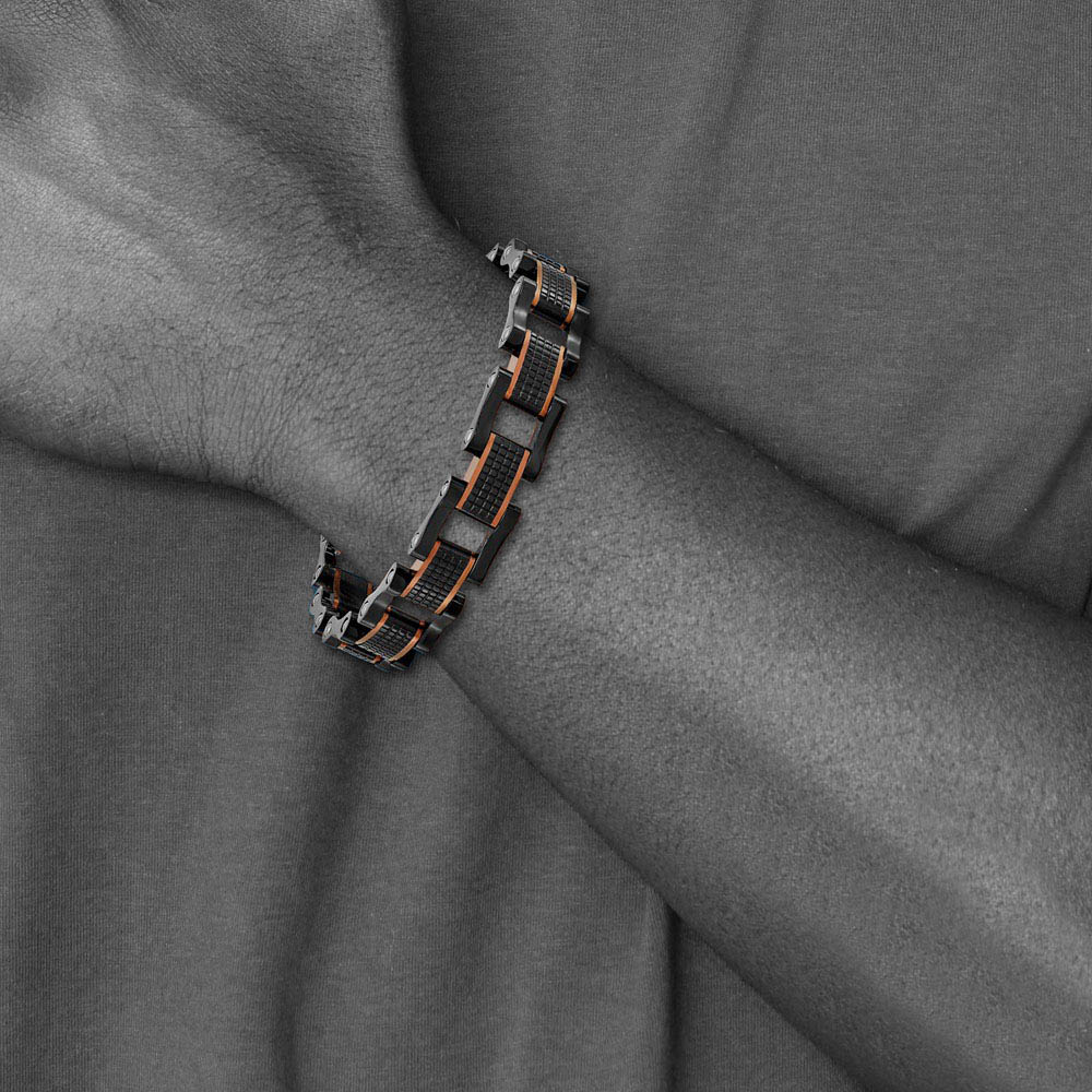Alternate view of the 12mm Black & Brown Plated Stainless Steel Link Bracelet, 8.25 Inch by The Black Bow Jewelry Co.