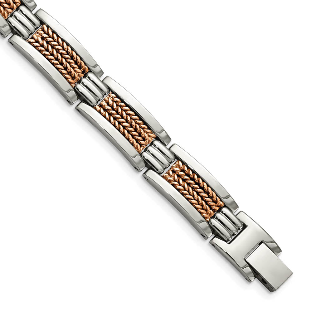 11.5mm Stainless Steel Polished & Rose Tone Plated Bracelet, 8.5 Inch, Item B18702 by The Black Bow Jewelry Co.