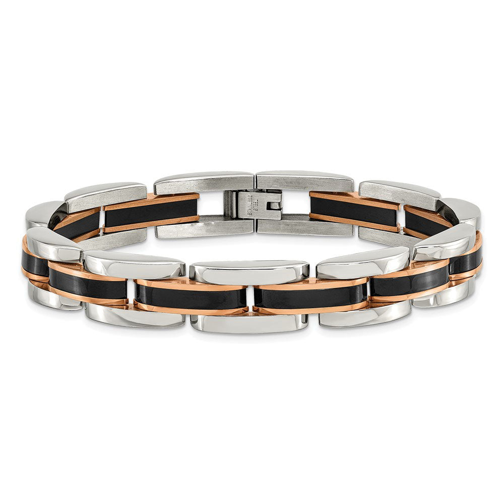 Alternate view of the Men&#39;s 12mm Stainless Steel Tri-Color Panther Link Bracelet, 8.5 Inch by The Black Bow Jewelry Co.
