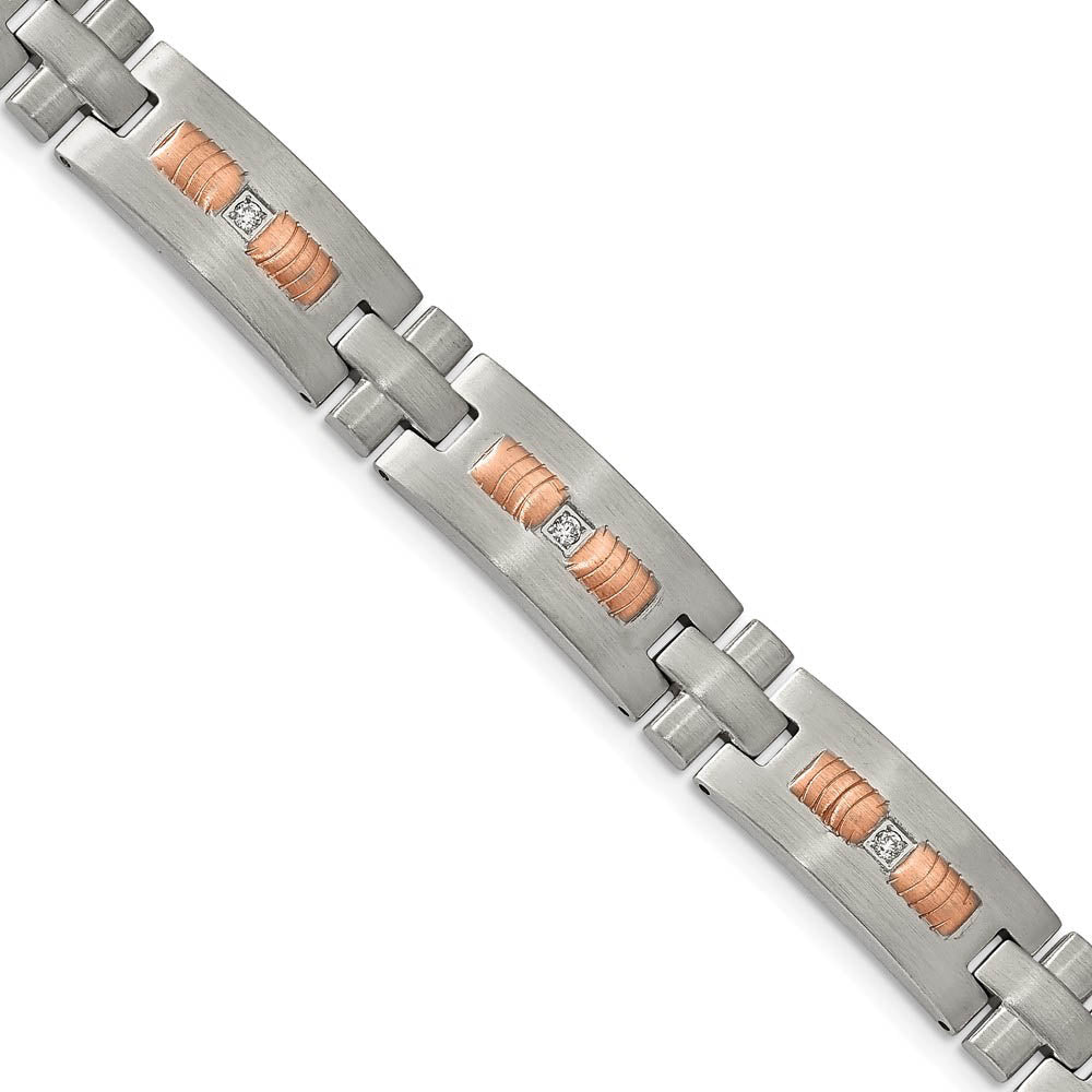 11mm Stainless Steel & CZ Brushed & Rose Plated Link Bracelet, 8.5 In, Item B18705 by The Black Bow Jewelry Co.