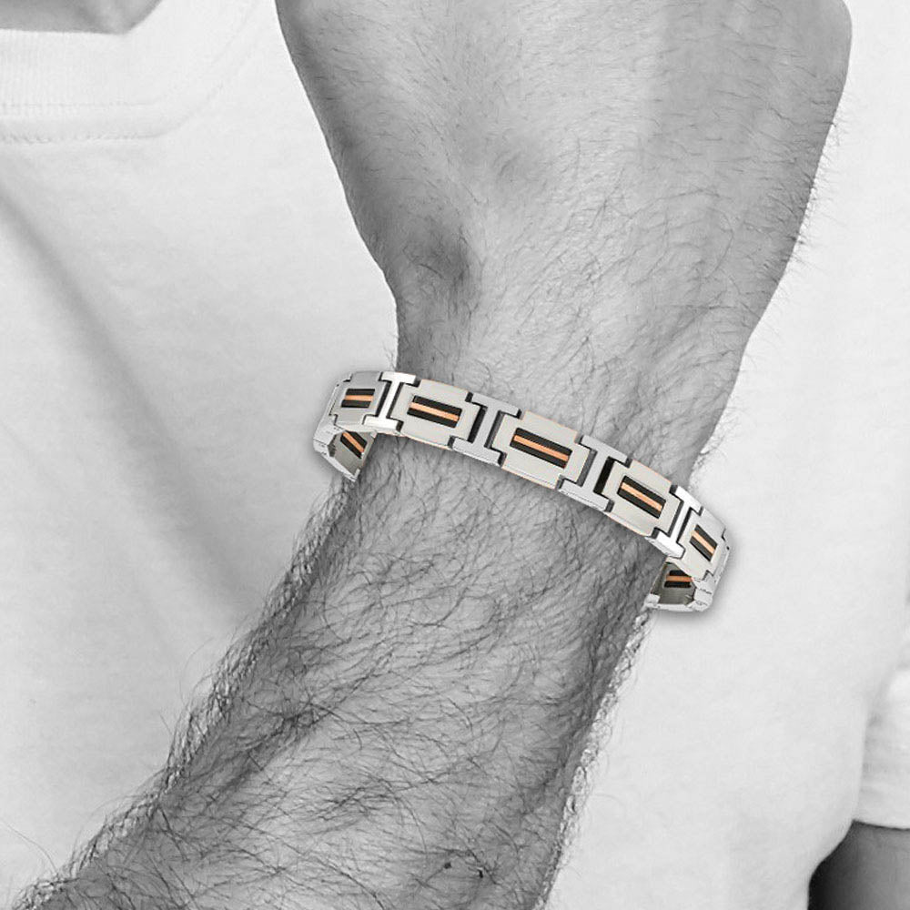 Alternate view of the 10mm Stainless Steel, Black & Rose Tone Plated Link Bracelet, 8.5 Inch by The Black Bow Jewelry Co.