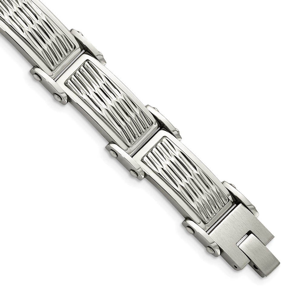 Men's 15.5mm Stainless Steel Grooved Textured Link Bracelet, 8.25 Inch, Item B18708 by The Black Bow Jewelry Co.