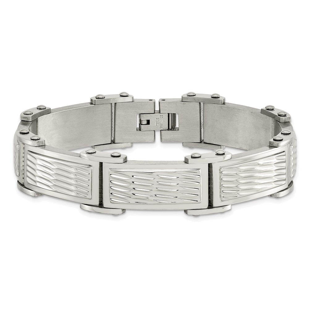 Alternate view of the Men's 15.5mm Stainless Steel Grooved Textured Link Bracelet, 8.25 Inch by The Black Bow Jewelry Co.