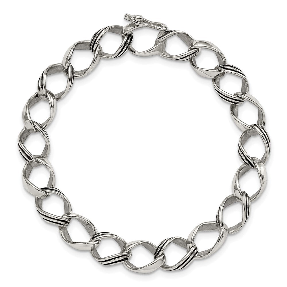 Alternate view of the 10mm Stainless Steel Antiqued Fancy Curb Chain Bracelet, 8.25 Inch by The Black Bow Jewelry Co.