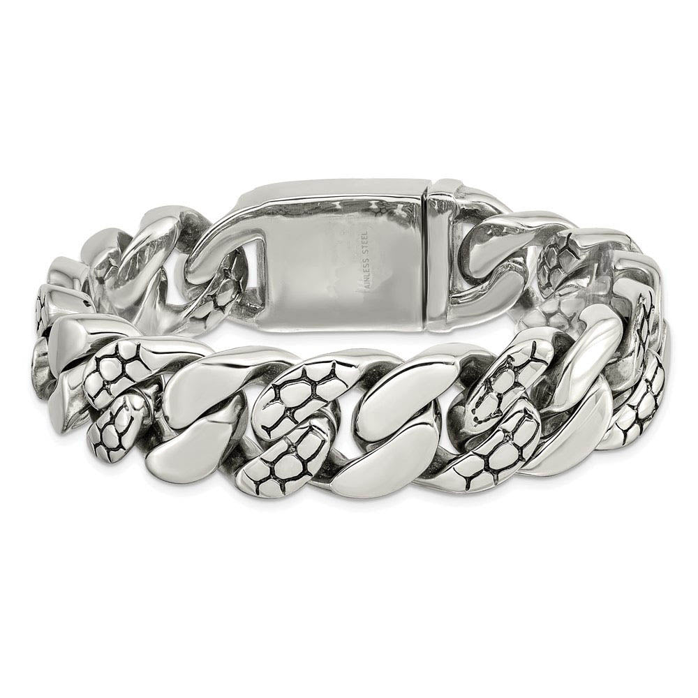 Alternate view of the 19mm Stainless Steel Polished and Textured Curb Chain Bracelet, 8.5 In by The Black Bow Jewelry Co.