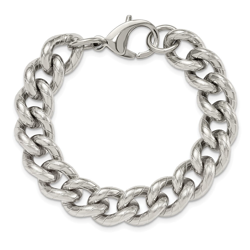 Alternate view of the 14.5mm Stainless Steel Polished &amp; Textured Curb Chain Bracelet, 8 Inch by The Black Bow Jewelry Co.