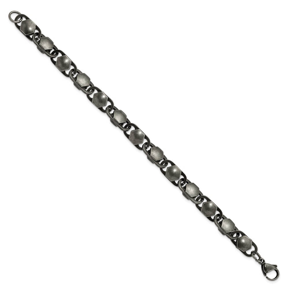 Alternate view of the 8.5mm Stainless Steel Antiqued Fancy Cable Chain Bracelet, 8.25 Inch by The Black Bow Jewelry Co.