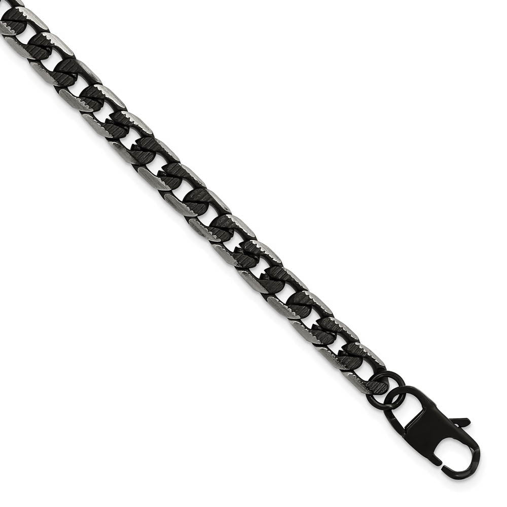 6mm Stainless Steel & Black Plated Fancy Curb Chain Bracelet, 8 Inch, Item B18719 by The Black Bow Jewelry Co.