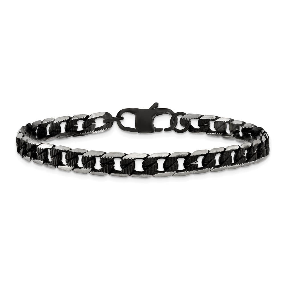 Alternate view of the 6mm Stainless Steel & Black Plated Fancy Curb Chain Bracelet, 8 Inch by The Black Bow Jewelry Co.