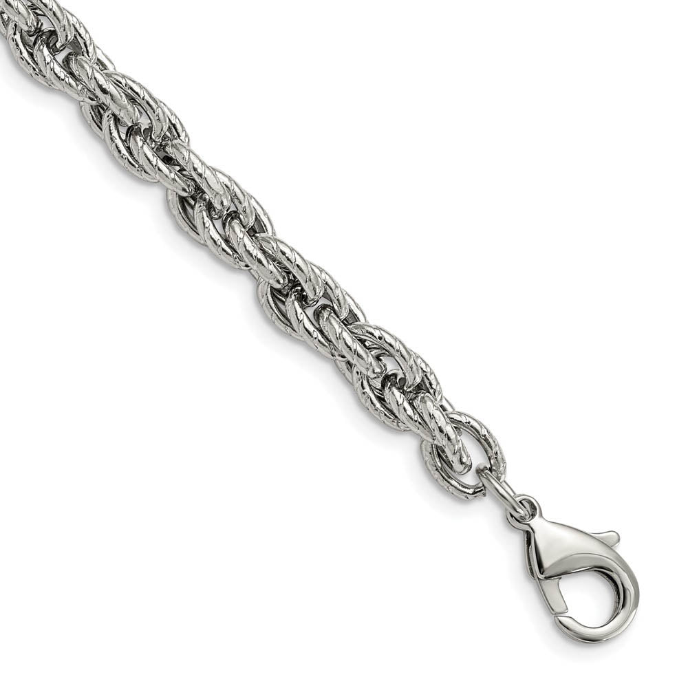 7.5mm Stainless Steel Textured Fancy Loose Rope Chain Bracelet, 8 Inch, Item B18720 by The Black Bow Jewelry Co.