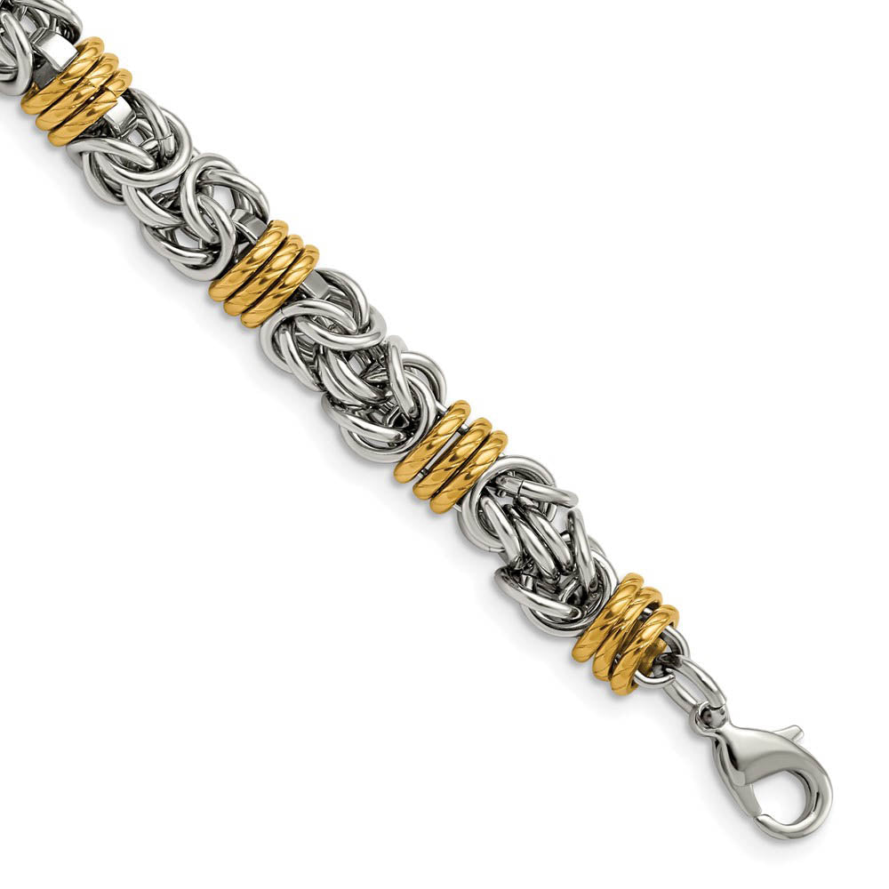 8.5mm Stainless Steel & Gold Tone Byzantine Chain Bracelet, 8.25 Inch, Item B18721 by The Black Bow Jewelry Co.
