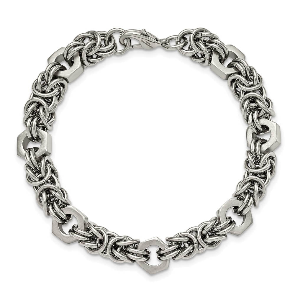 Alternate view of the Men's 10mm Stainless Steel Fancy Byzantine Chain Bracelet, 8.25 Inch by The Black Bow Jewelry Co.