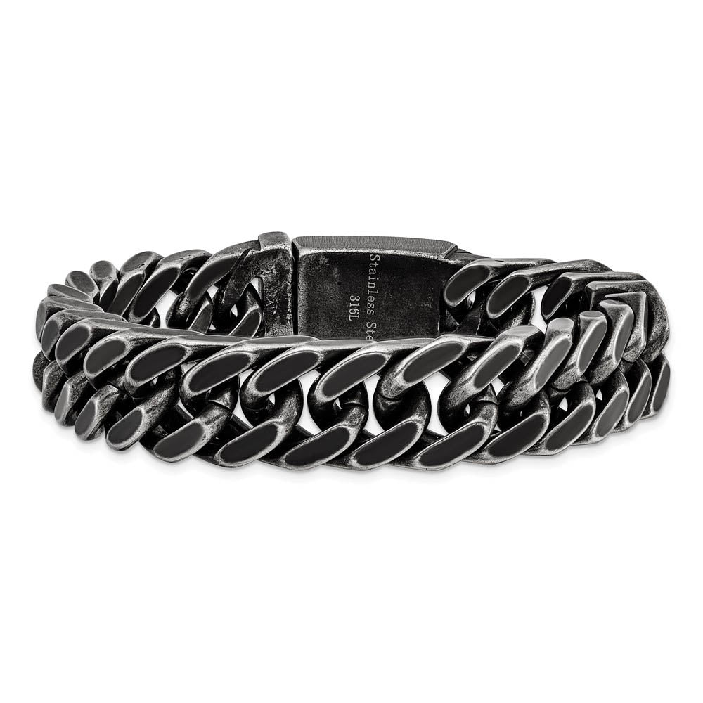 Alternate view of the 15mm Stainless Steel Antiqued & Brushed Curb Chain Bracelet, 8.5 Inch by The Black Bow Jewelry Co.