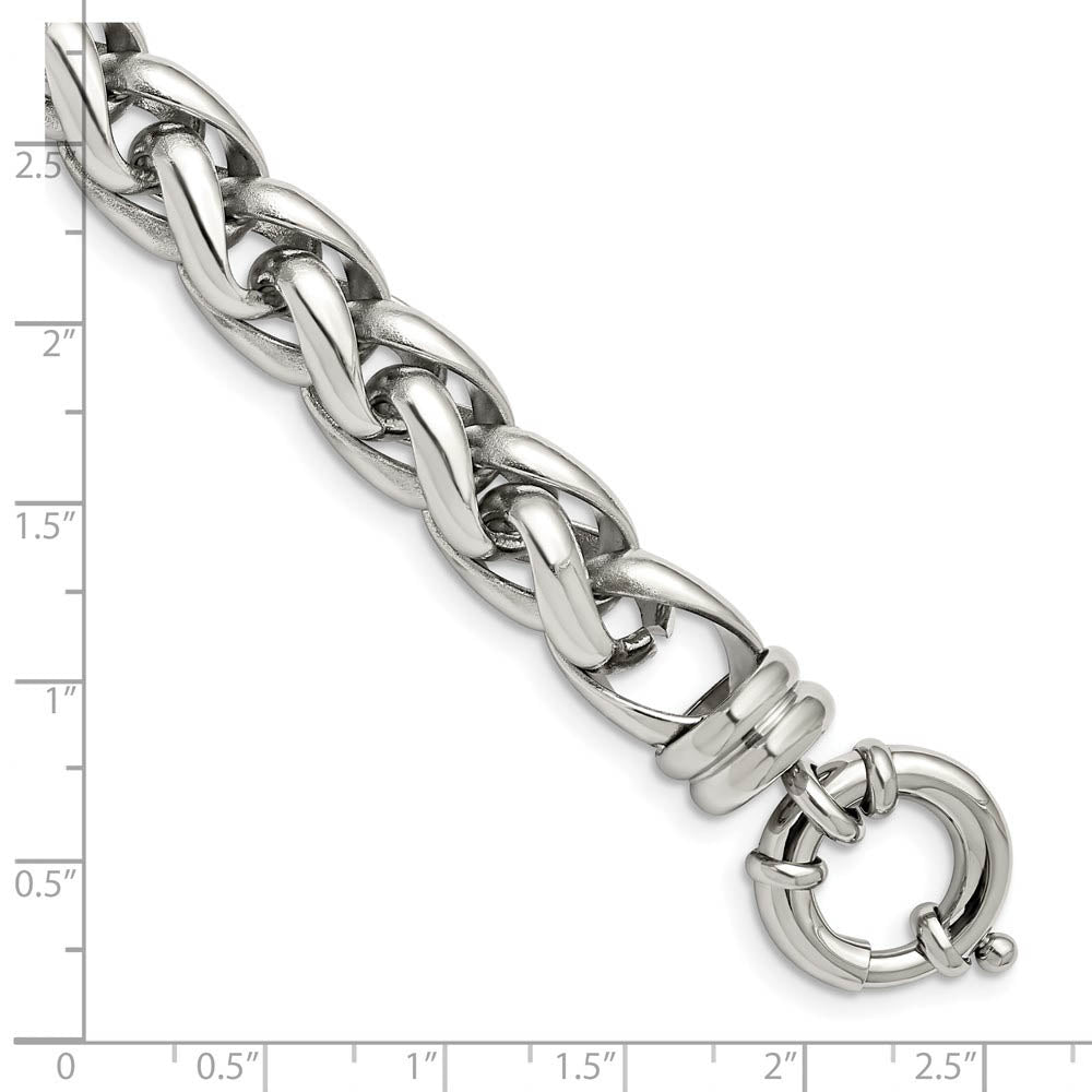 Alternate view of the Men's 12mm Stainless Steel Polished Fancy Spiga Chain Bracelet, 8 Inch by The Black Bow Jewelry Co.