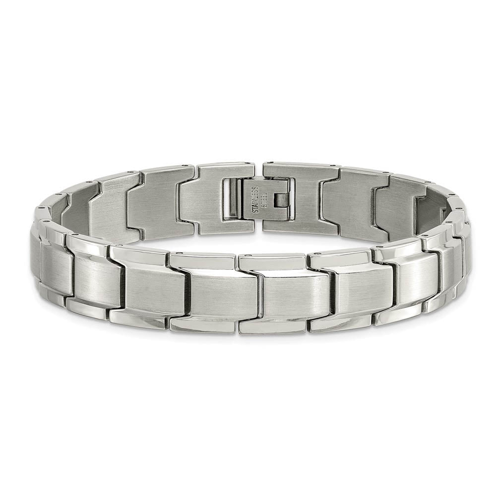 Alternate view of the 12mm Stainless Steel Brushed & Polished Classic Link Bracelet, 8.25 In by The Black Bow Jewelry Co.