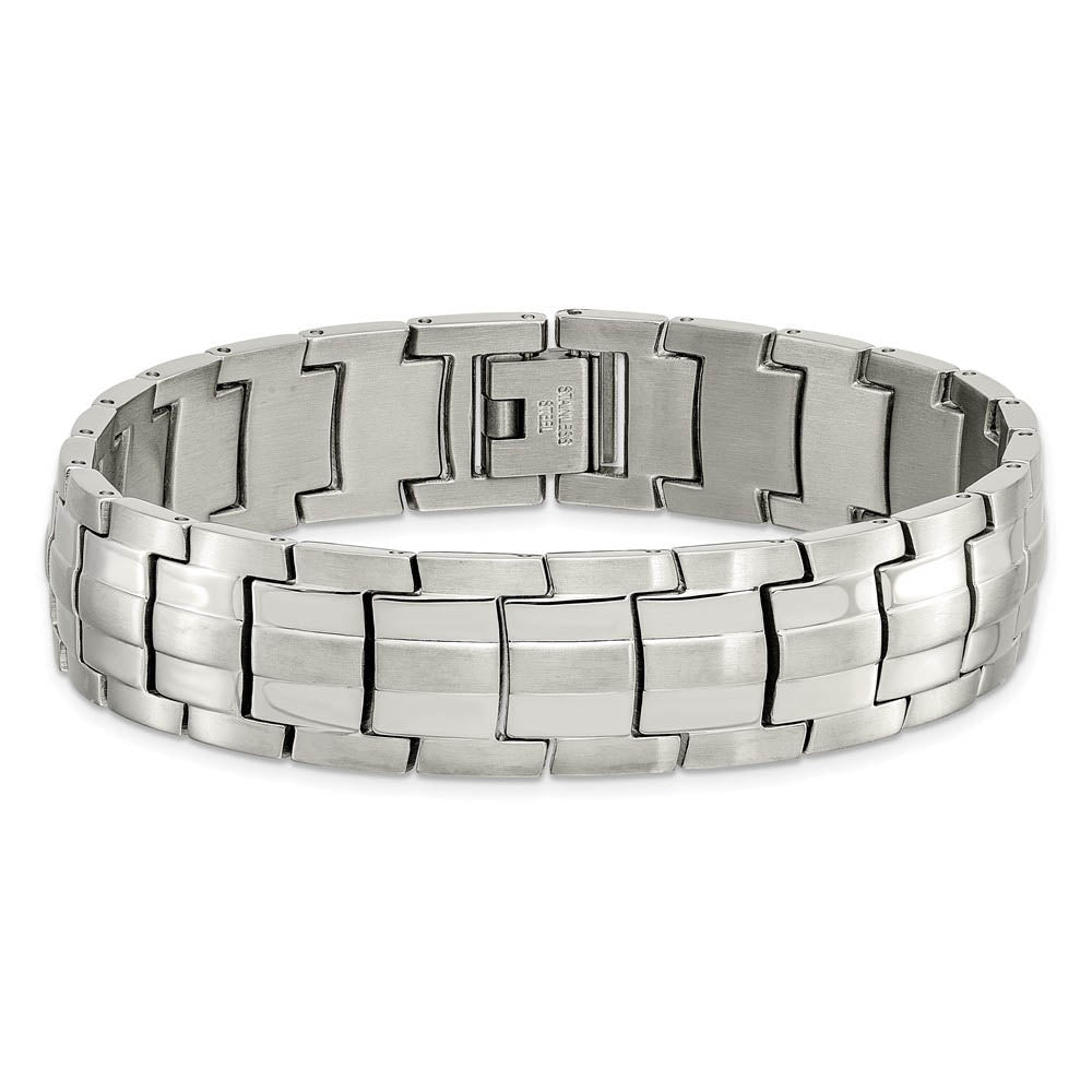 Alternate view of the Men's 15mm Stainless Steel Brushed & Polished Link Bracelet, 8.5 Inch by The Black Bow Jewelry Co.