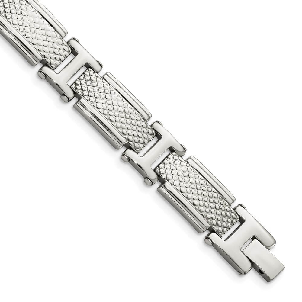 Men's 12mm Stainless Steel Polished Textured Link Bracelet, 8.5 Inch, Item B18742 by The Black Bow Jewelry Co.