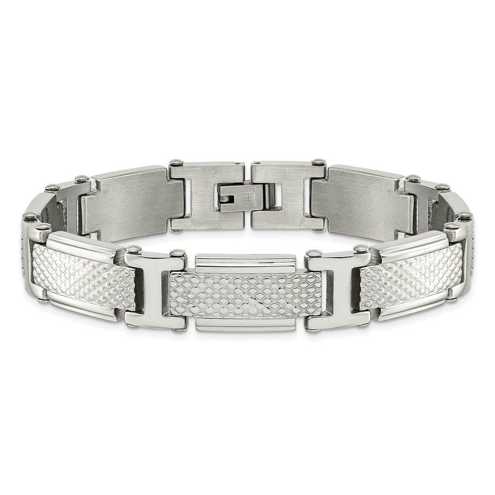 Alternate view of the Men's 12mm Stainless Steel Polished Textured Link Bracelet, 8.5 Inch by The Black Bow Jewelry Co.