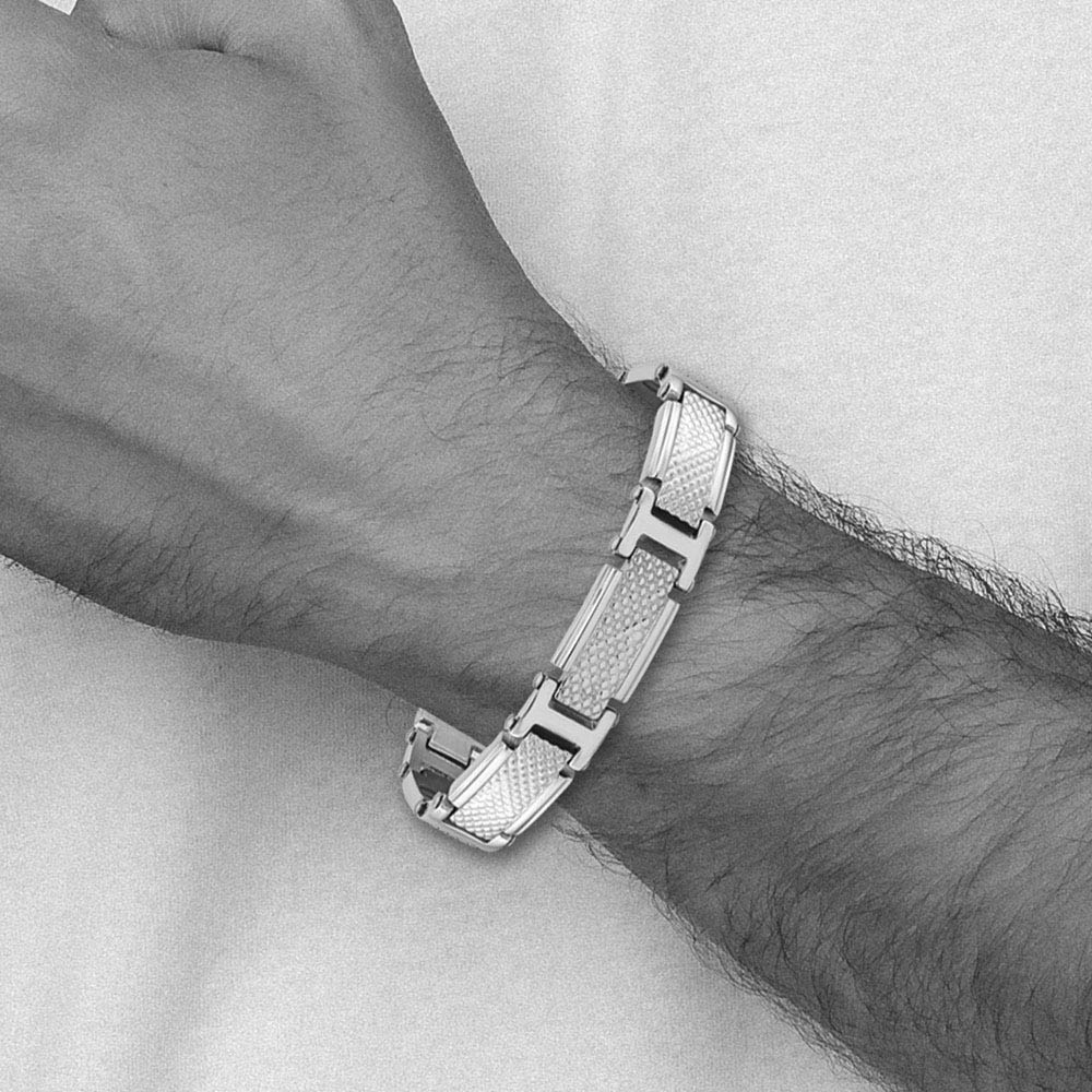 Alternate view of the Men's 12mm Stainless Steel Polished Textured Link Bracelet, 8.5 Inch by The Black Bow Jewelry Co.