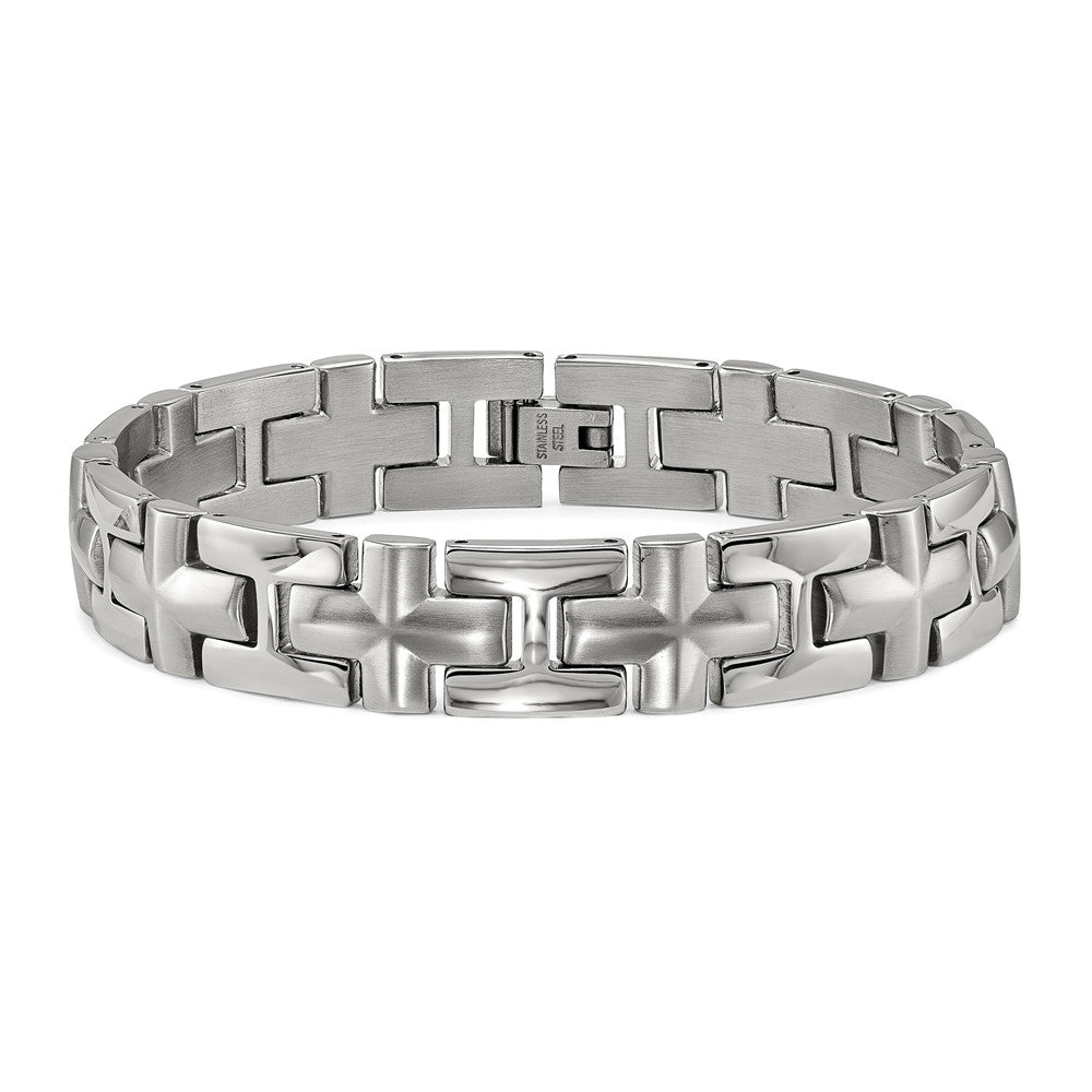 Alternate view of the 13mm Stainless Steel Polished &amp; Brushed Cross Link Bracelet, 8.5 Inch by The Black Bow Jewelry Co.