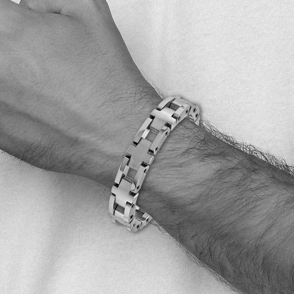 Alternate view of the 14mm Stainless Steel Brushed & Polished Cross Link Bracelet, 8.5 Inch by The Black Bow Jewelry Co.