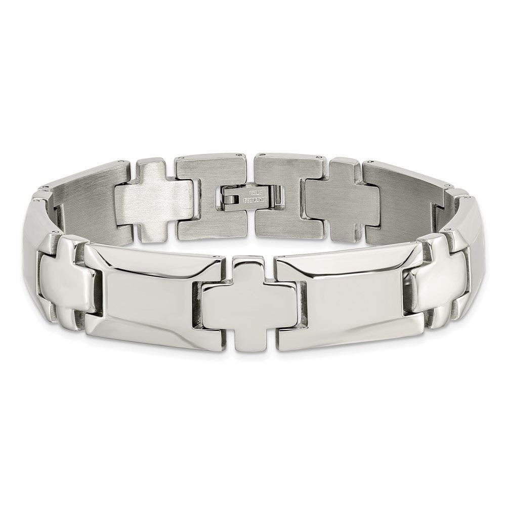 Alternate view of the 14mm Stainless Steel Polished Beveled & Cross Link Bracelet, 8.5 Inch by The Black Bow Jewelry Co.