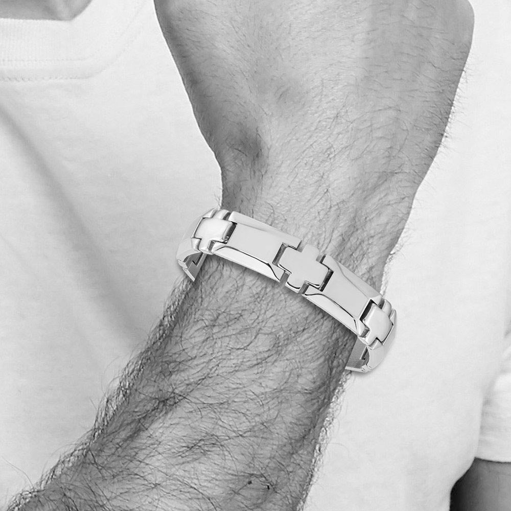 Alternate view of the 14mm Stainless Steel Polished Beveled & Cross Link Bracelet, 8.5 Inch by The Black Bow Jewelry Co.