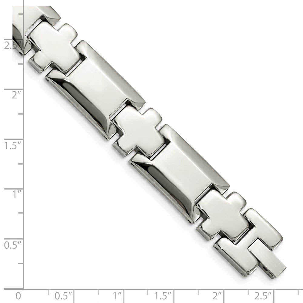 Alternate view of the 14mm Stainless Steel Polished Beveled & Cross Link Bracelet, 8.5 Inch by The Black Bow Jewelry Co.