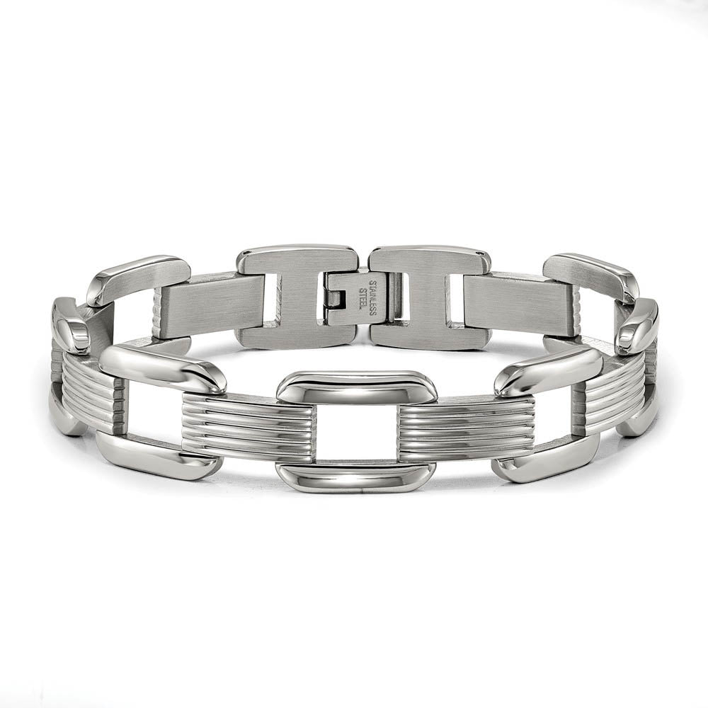Alternate view of the Men's 14mm Stainless Steel Open and Grooved Link Bracelet, 8.5 Inch by The Black Bow Jewelry Co.