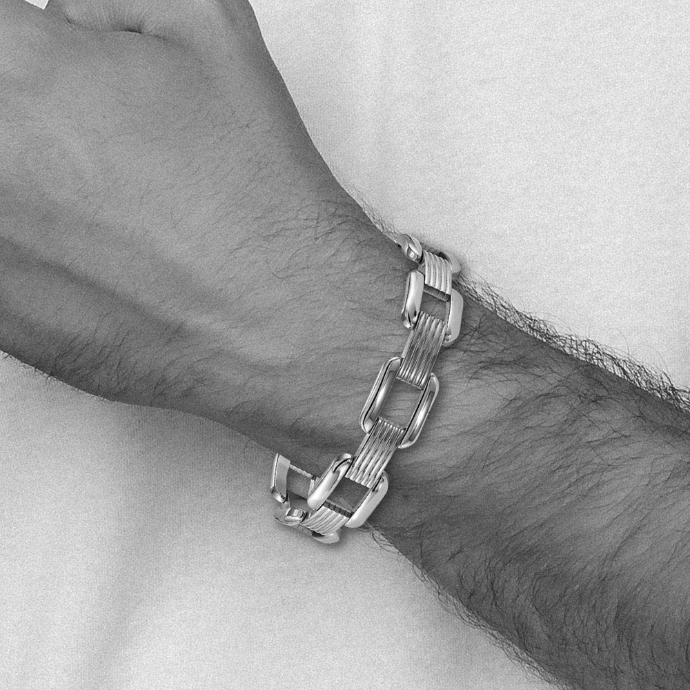 Alternate view of the Men's 14mm Stainless Steel Open and Grooved Link Bracelet, 8.5 Inch by The Black Bow Jewelry Co.