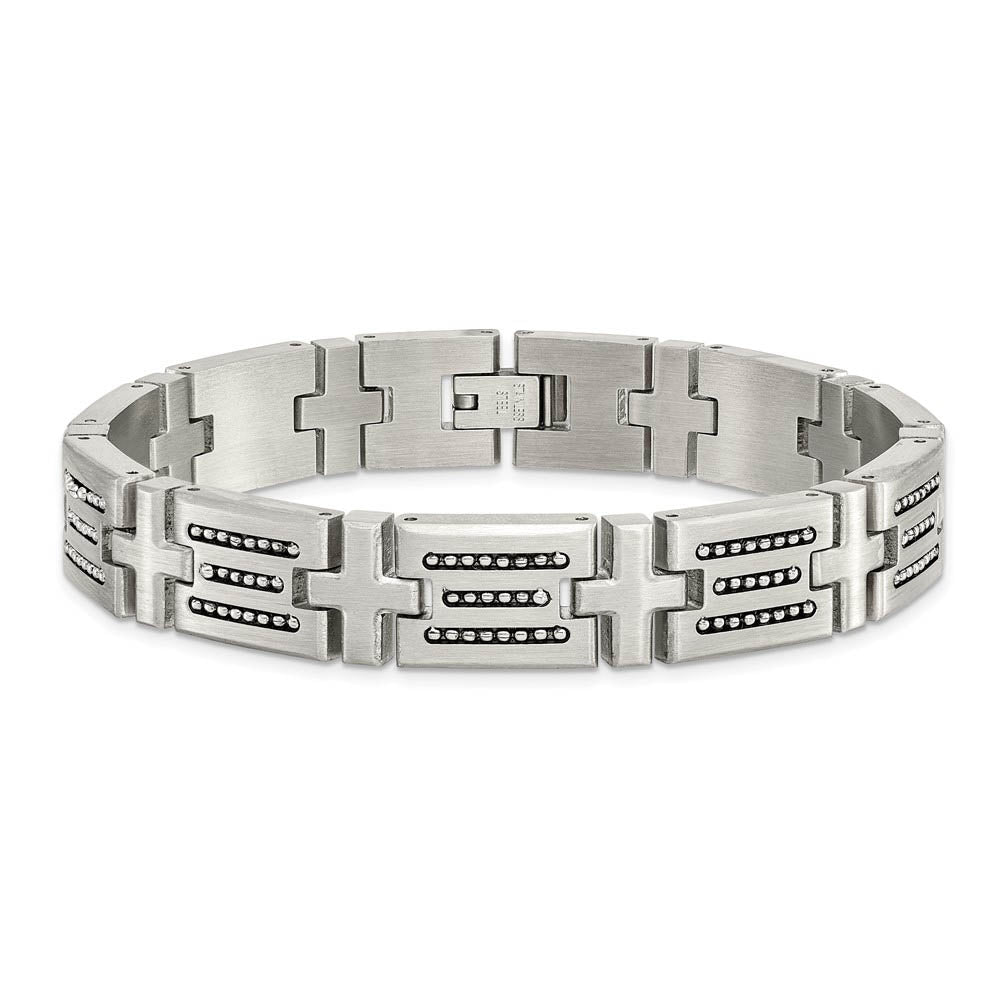 Alternate view of the Mens 12mm Stainless Steel Brushed & Beaded Cross Link Bracelet, 8.5 In by The Black Bow Jewelry Co.