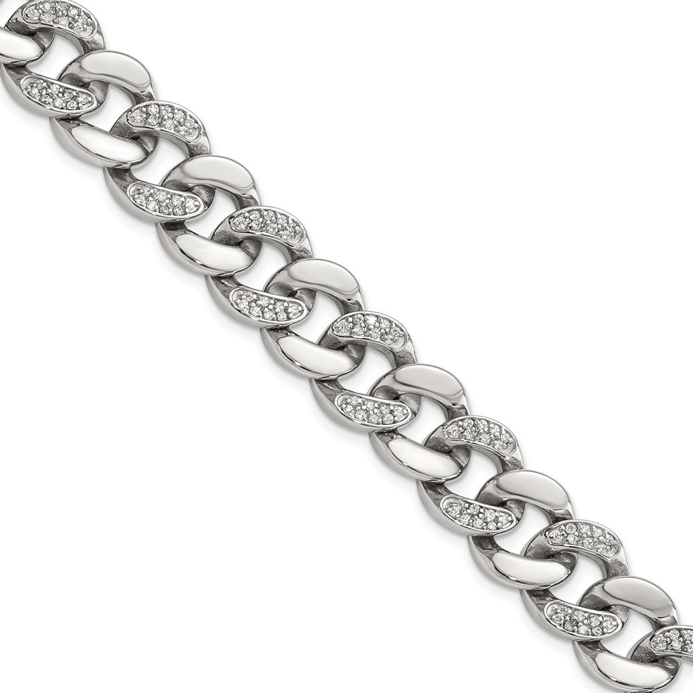 13mm Stainless Steel &amp; CZ Curb Chain Bracelet, 8 Inch, Item B18754 by The Black Bow Jewelry Co.