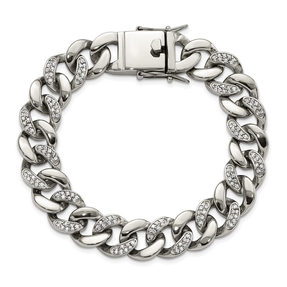 Alternate view of the 13mm Stainless Steel &amp; CZ Curb Chain Bracelet, 8 Inch by The Black Bow Jewelry Co.