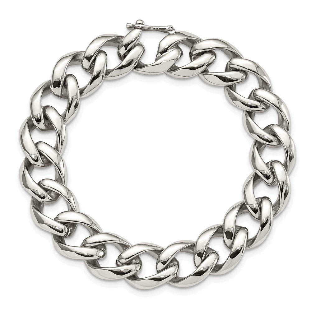 Alternate view of the Men's 14mm Stainless Steel Polished Curb Chain Bracelet, 8.25 Inch by The Black Bow Jewelry Co.